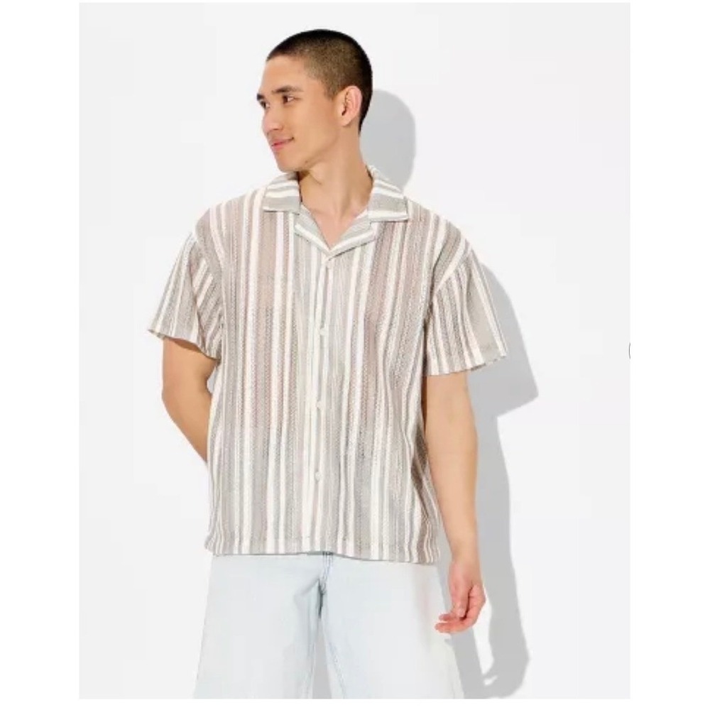 Original Use L Crochet Mesh Knit Shirt Striped Short Sleeve Camp Collar New